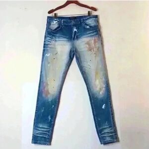 Serenade Jeans Distressed Faded Paint Splatter Designer Denim Tapered